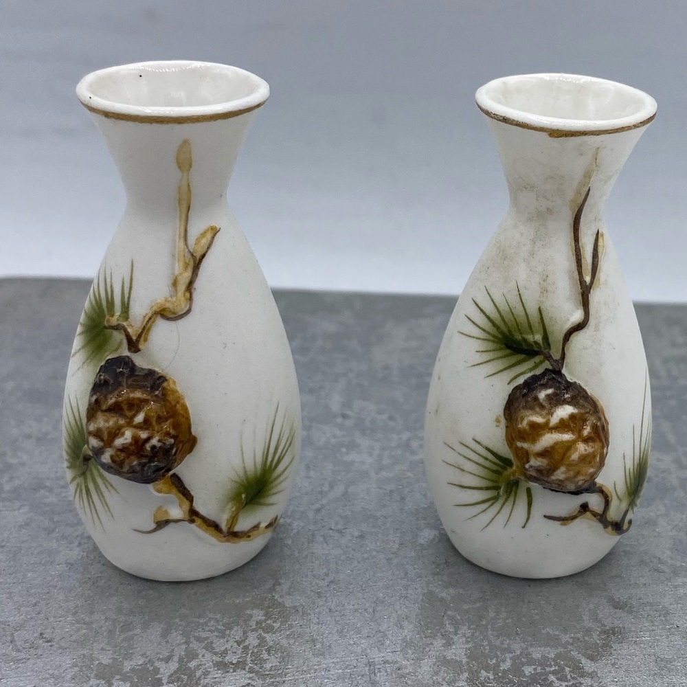 Mini Vintage Japan Hand Painted Porcelain Vases (2) Pine Cone Design # 2480